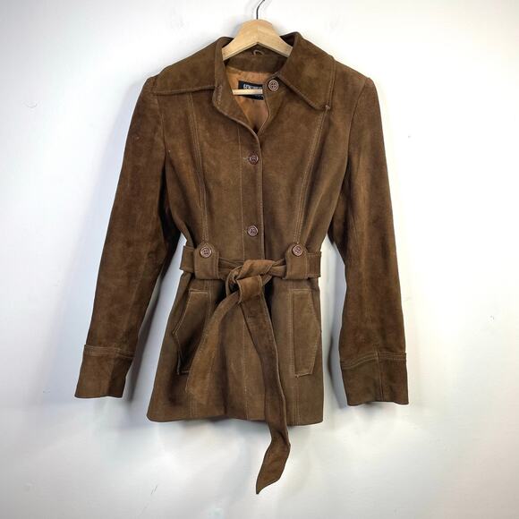 Vintage 70s Brown Suede Leather Belted Jacket Coat Womens 11 12 S M Retro - Picture 1 of 15